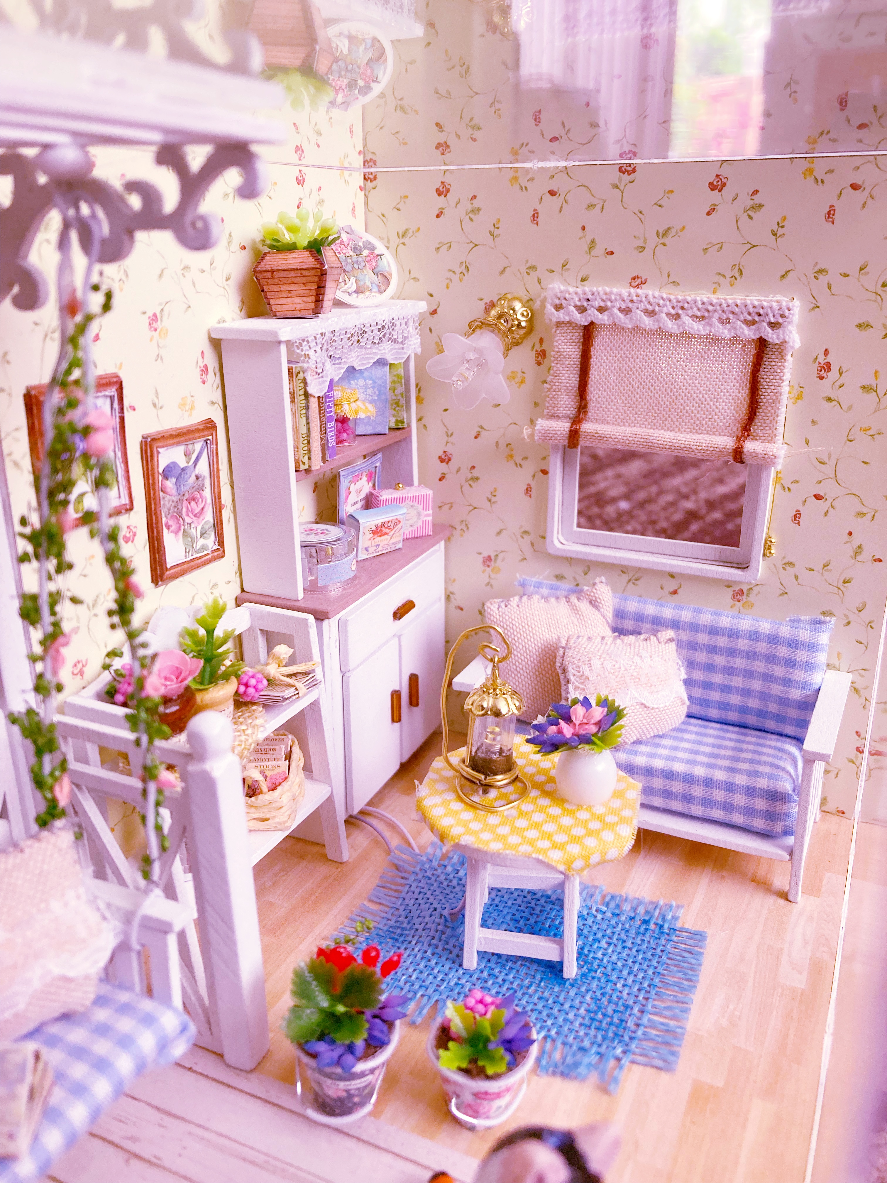 A close up photo of the miniature dollhouse kit that I built.